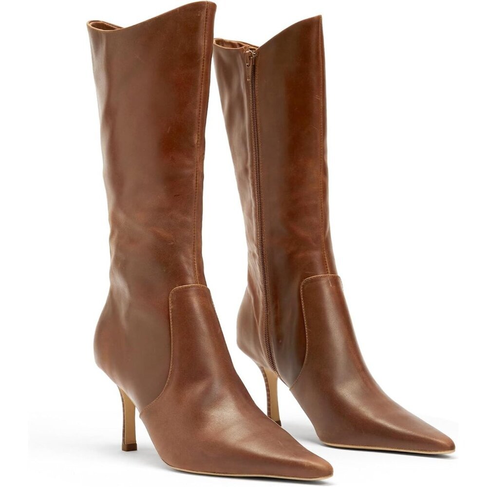 ⚡Women's Light Brown Mid Calf Boots Pointed Toe High Heel Long Boots Side Zipper